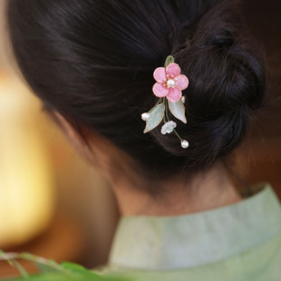 小巧发梳古风倒插梳发卡儿童发簪日常通勤发髻簪子粉色花朵头饰品
