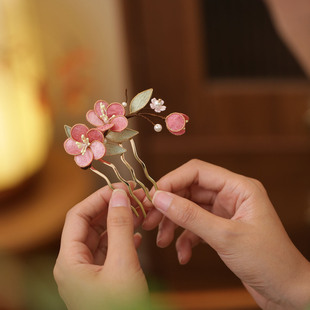 女生插梳日常发簪古风女童仿绒花发髻簪子粉色掐丝花朵汉服头饰品