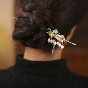 头钗簪子日常百搭烧蓝兔子发钗新中式流苏发簪儿童步摇汉服头饰品