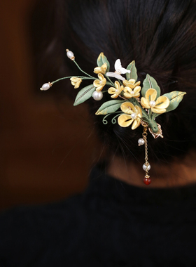 古风黄色缠花桂花发夹汉服头饰品