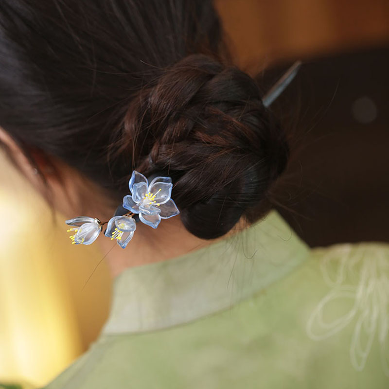 古风蓝色琉璃花朵木发簪汉服头饰