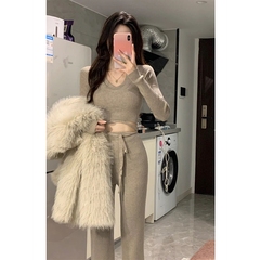 小个子辣妹穿搭一整套初秋季高级感气质针织上衣阔腿裤两件套装女