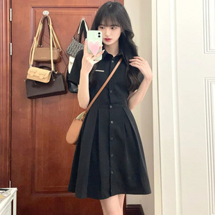 甜辣妹小個子polo領(lǐng)黑色連衣裙女蝴蝶結(jié)收腰襯衫 2025夏季 裙短裙子