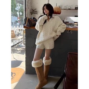 扭花Polo领宽松慵懒针织套装女纯山羊绒衫欧货短裤麻花毛衣两件套