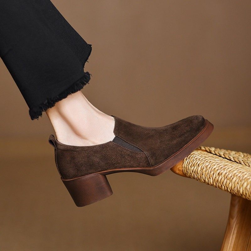 2025春季单鞋乐福鞋女磨砂羊皮粗跟深口高跟鞋软底小皮鞋大码女鞋,女鞋,深口单鞋,淘宝优惠券,粉丝福利购,淘宝优惠卷