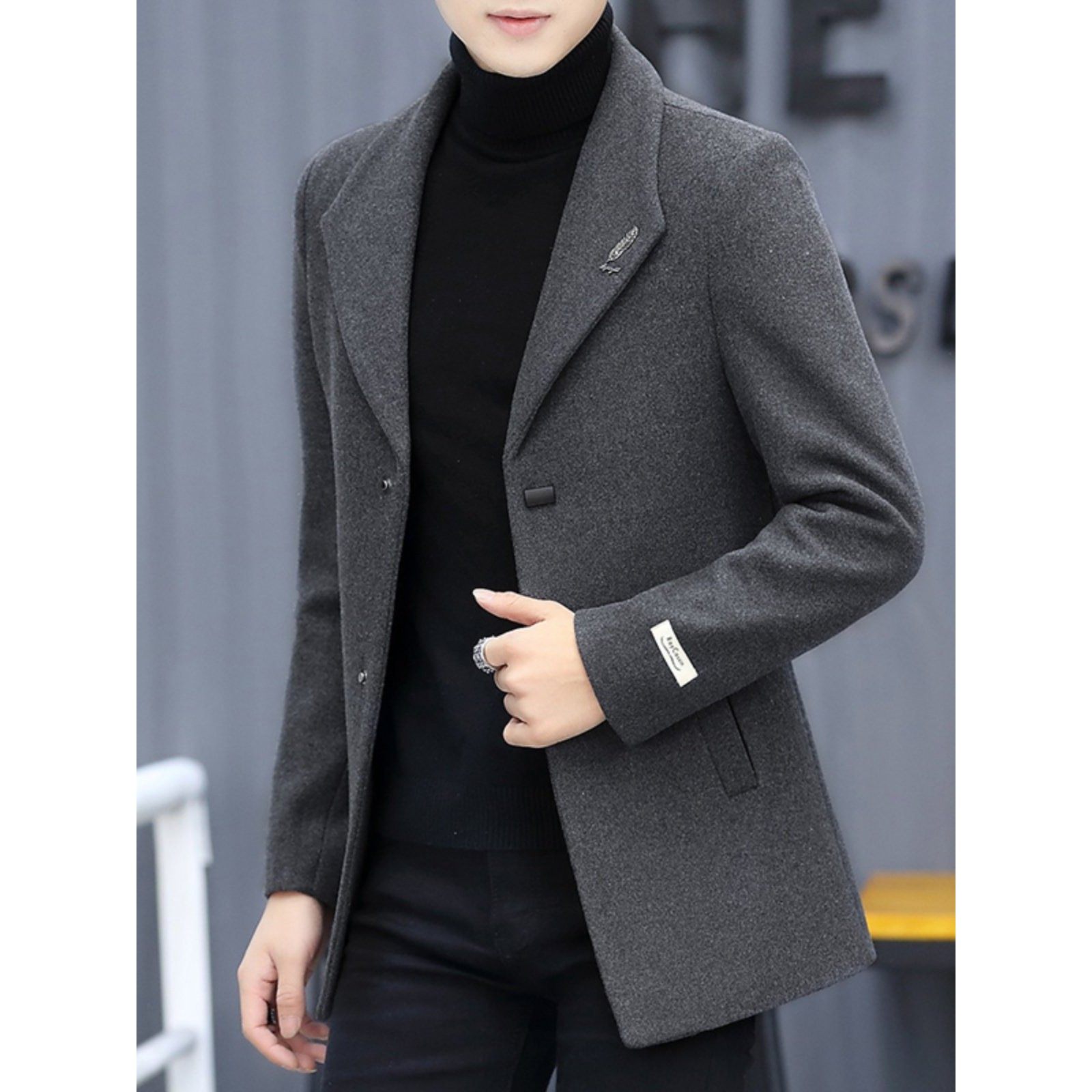 羊绒大衣男秋冬季高端加绒加厚短款韩版修身西装男士羊毛呢子外套