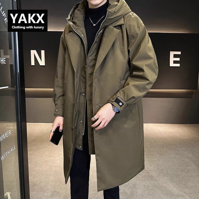 高端中长款羽绒服男士2025年冬季新款加厚连帽假两件风衣外套男款