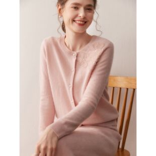 绽放花朵~巨好看新款珍珠山羊绒开衫女圆领宽松针织毛衣外套上衣