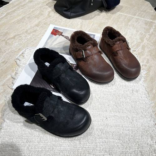 欧洲站女鞋2025秋冬新款欧货真皮厚底扣带加绒保暖棉鞋勃肯乐福鞋