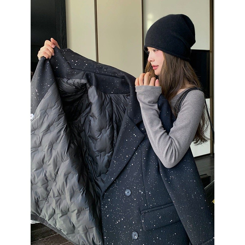 爆款黑色羽绒内胆西装外套女冬季新款高级感时尚宽松显瘦毛呢西服