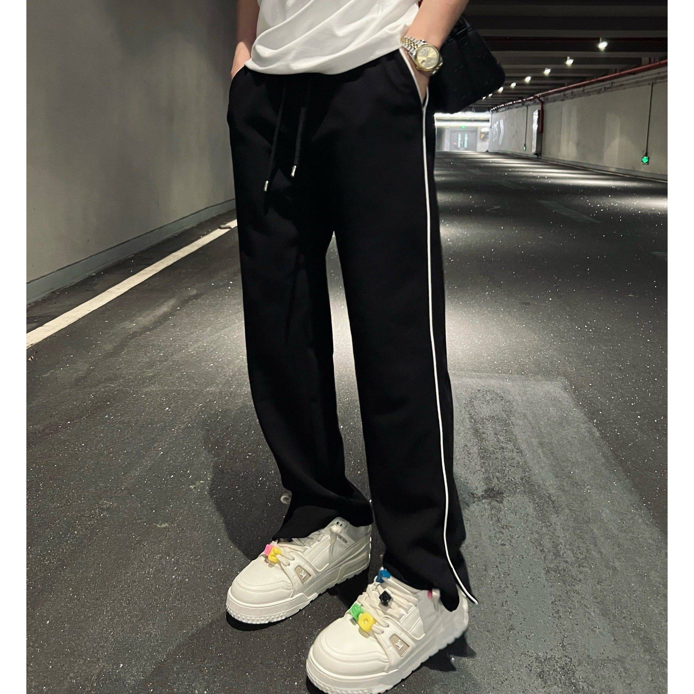 2025夏季高端拼接线条纹个性直筒运动休闲裤男宽松欧货抗皱长裤子,男装,休闲裤,淘宝优惠券,粉丝福利购,淘宝优惠卷