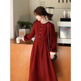 新款 连衣裙女2025秋季 高级感甜美气质小个子长裙 覆古红色长袖 法式