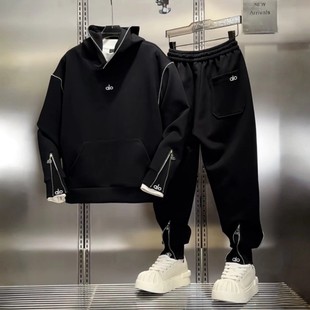 高端加绒加厚卫衣休闲套装男士2025新款秋冬季拉链束口卫裤潮男款