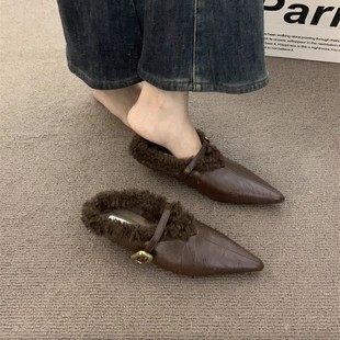 香港高级感复古毛毛鞋女外穿2025秋冬新款气质加绒单鞋尖头半拖鞋