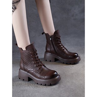 小高跟棕色英式风格靴子的妇女夏天薄厚底透气洞在墙凉鞋靴