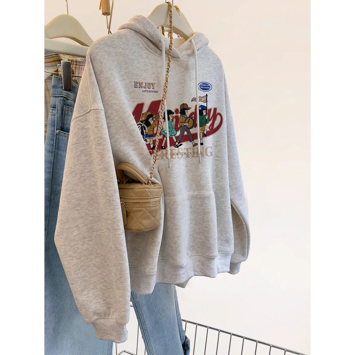 日系GP美式灰色正肩连帽卫衣女秋新款慵懒风宽松套头长袖上衣外套