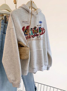 日系GP美式灰色正肩连帽卫衣女秋新款慵懒风宽松套头长袖上衣外套