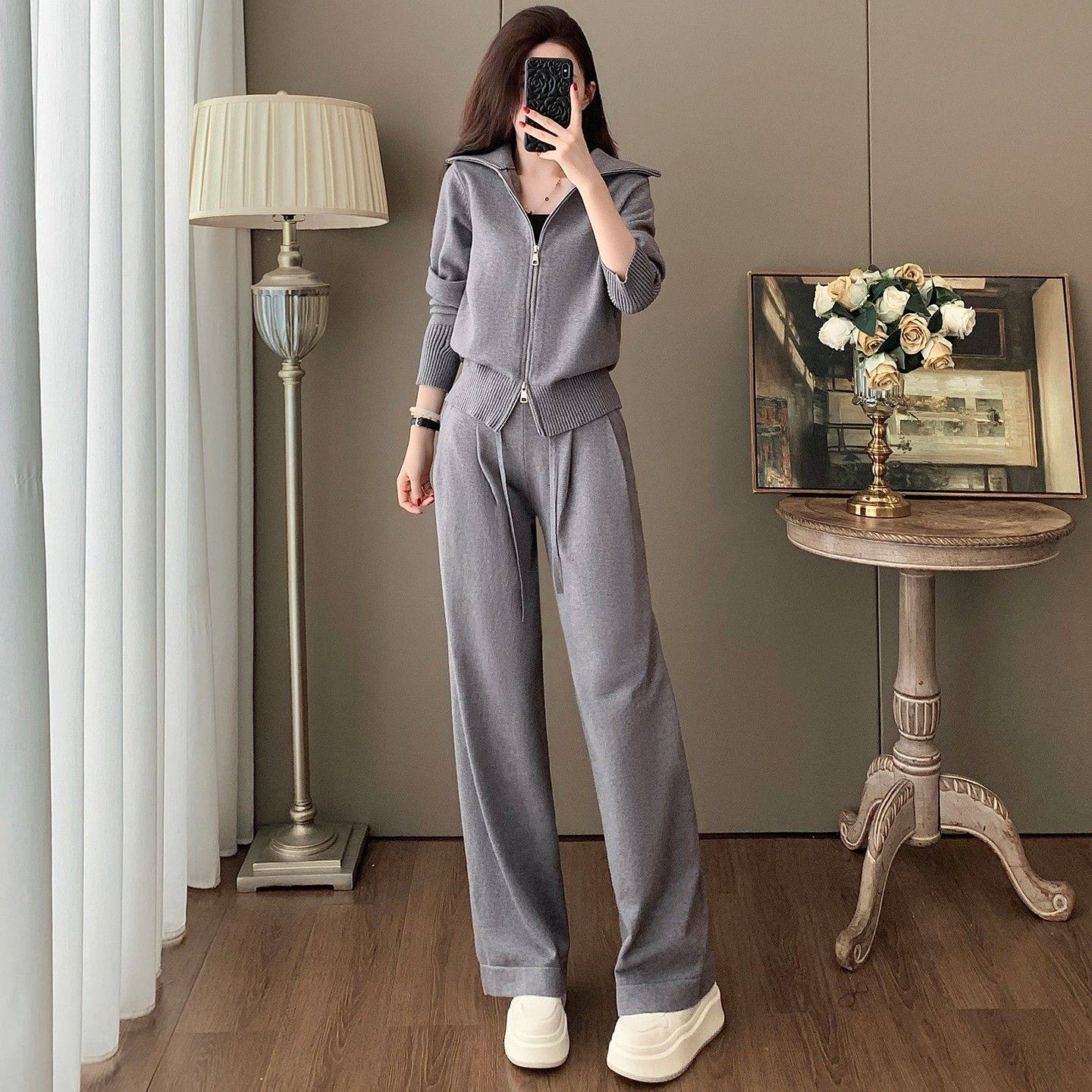 XZOXZO气质休闲运动套装女2025秋冬洋气针织开衫上衣阔腿裤两件套,女装/女士精品,时尚套装,淘宝优惠券,粉丝福利购,淘宝优惠卷