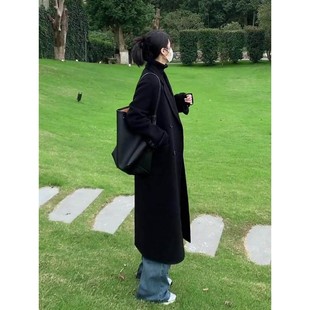 WFYO/黑色双面100羊毛大衣女小个子2025冬新款中长款正肩毛呢外套