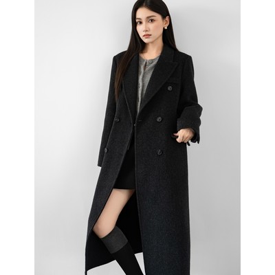 2025秋冬羊毛双面呢大衣女廓形高级感深灰正肩中长款气质毛呢外套
