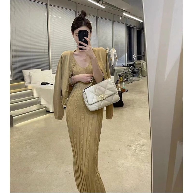 欧洲站2025春季新款针织衫吊带长裙名媛惊艳绝美高级感连衣裙套装