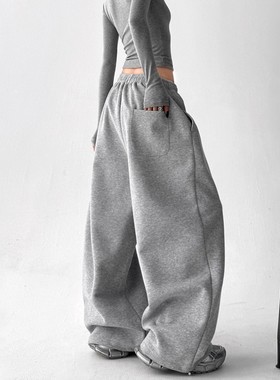 ader灰色运动裤女卫裤2025秋季美式高腰垂感宽松显瘦休闲阔腿裤子