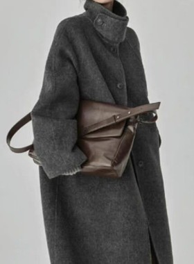 2025秋冬经典鱿鱼中长款大衣质感高级双面毛呢灰色宽松羊毛外套女