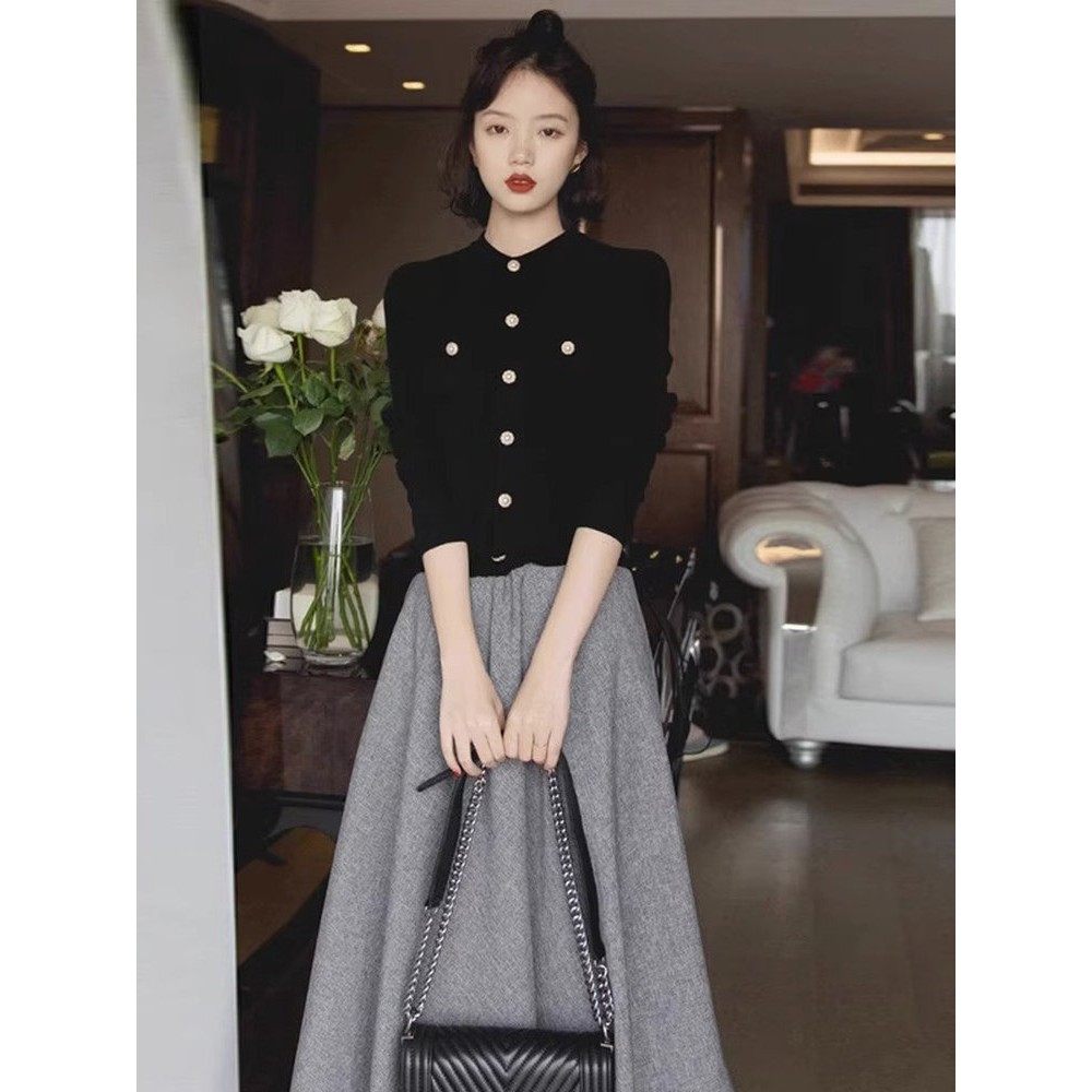 XZOXZO秋冬季通勤女装时尚港风覆古女神范针织毛衣裙子穿搭两件套