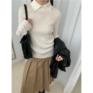 基础款 口镂空显瘦秋季 针织上衣 女袖 气质小众正肩polo领纯色打底衫