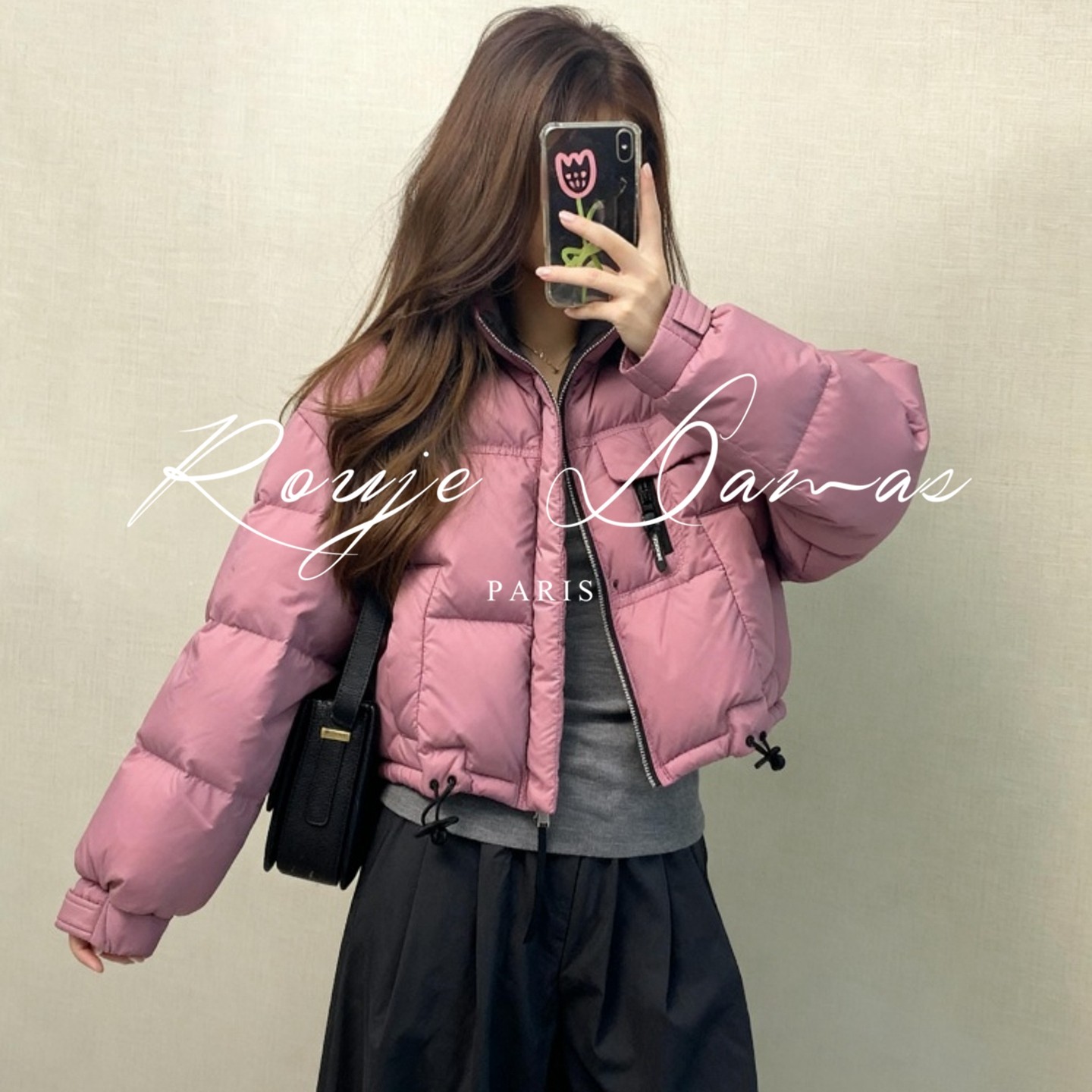 Rouje Damas粉色立领短款羽绒棉服女装小个子加厚保暖面包服外套