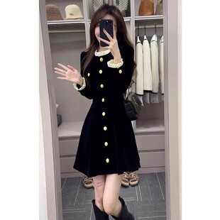 欧洲站法国天鹅绒连衣裙秋季服装小女人生日聚会黑色赫本风格的高