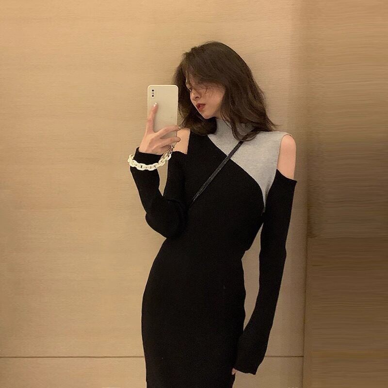 欧洲站2025秋季新款色块露肩赫本式长裙高端法式欧式连衣裙,女装/女士精品,连衣裙,淘宝优惠券,粉丝福利购,淘宝优惠卷