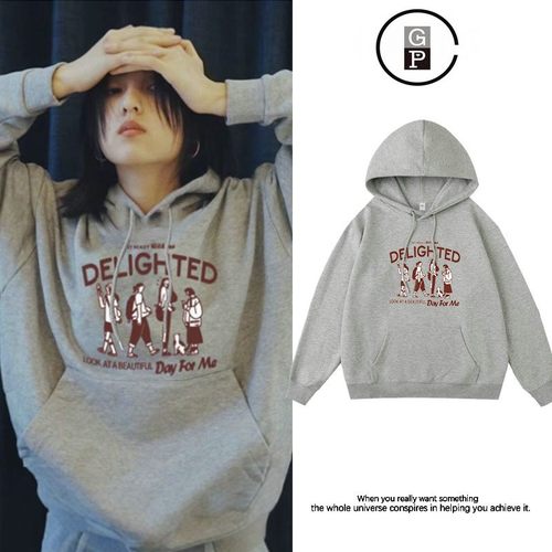 日系GP新款张子枫同款灰色卡通印花连帽卫衣女秋冬季加绒宽松外套