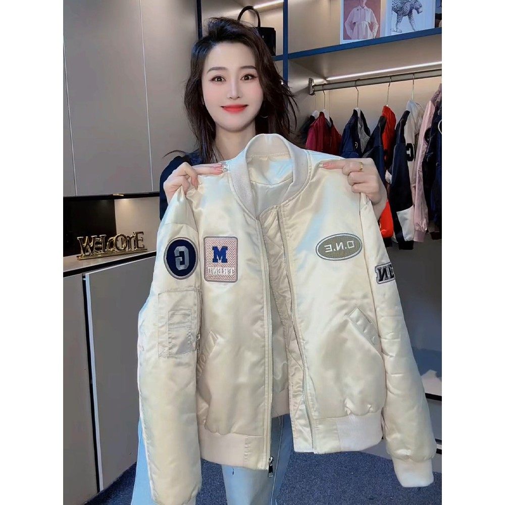 韩国香槟色夹棉棒球服外套女短款春秋新款爆款加棉女装飞行员夹克