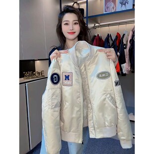 韩国香槟色夹棉棒球服外套女短款春秋新款爆款加棉女装飞行员夹克
