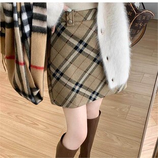 法国Rouje Dsyle毛呢加厚咖色格子短裙女高腰显瘦A字包臀裙半身裙