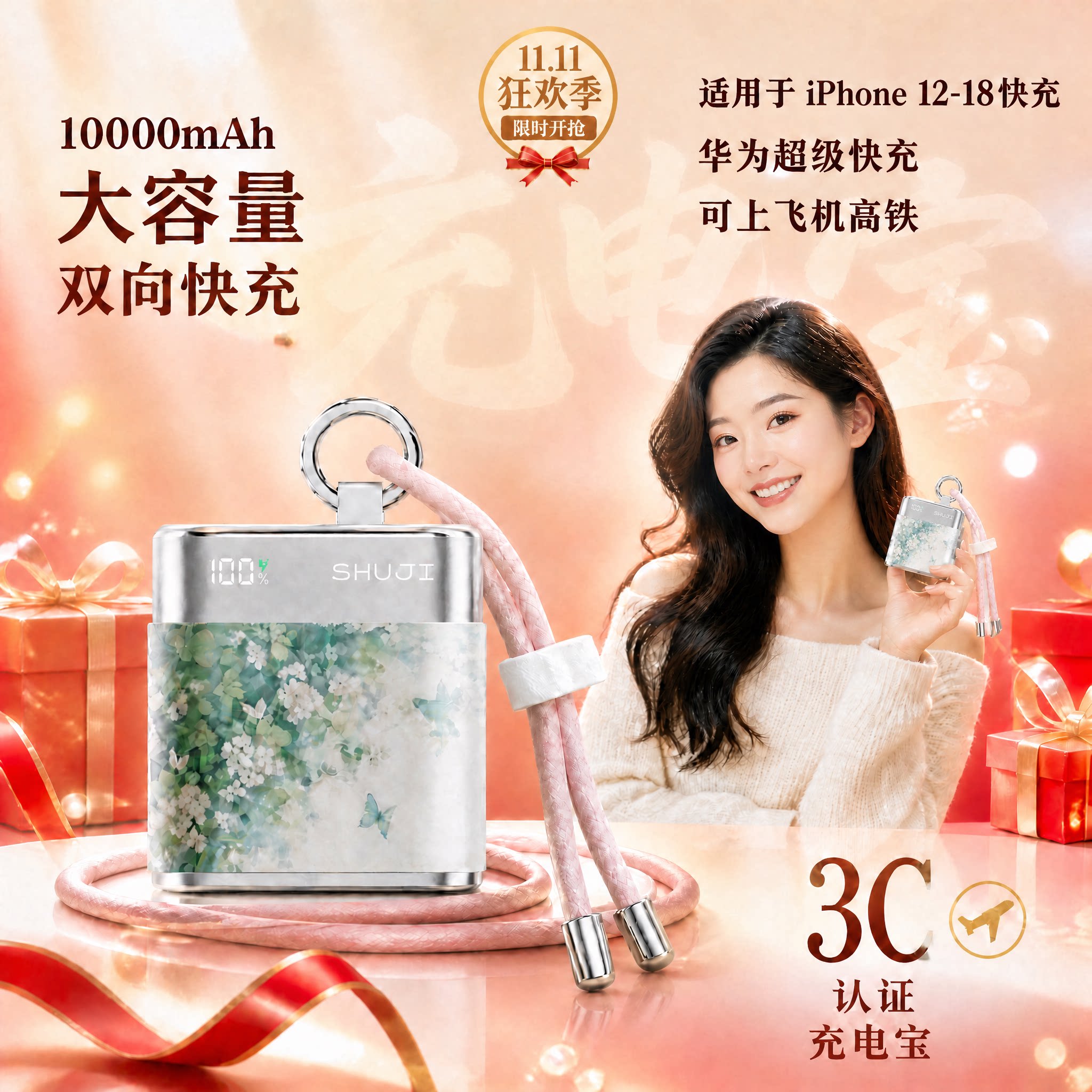 【3C认证可上飞机充电宝】Rindu述己移动电源繁花系列原创国风插画快充便携适用于苹果iphone18华为安卓手机