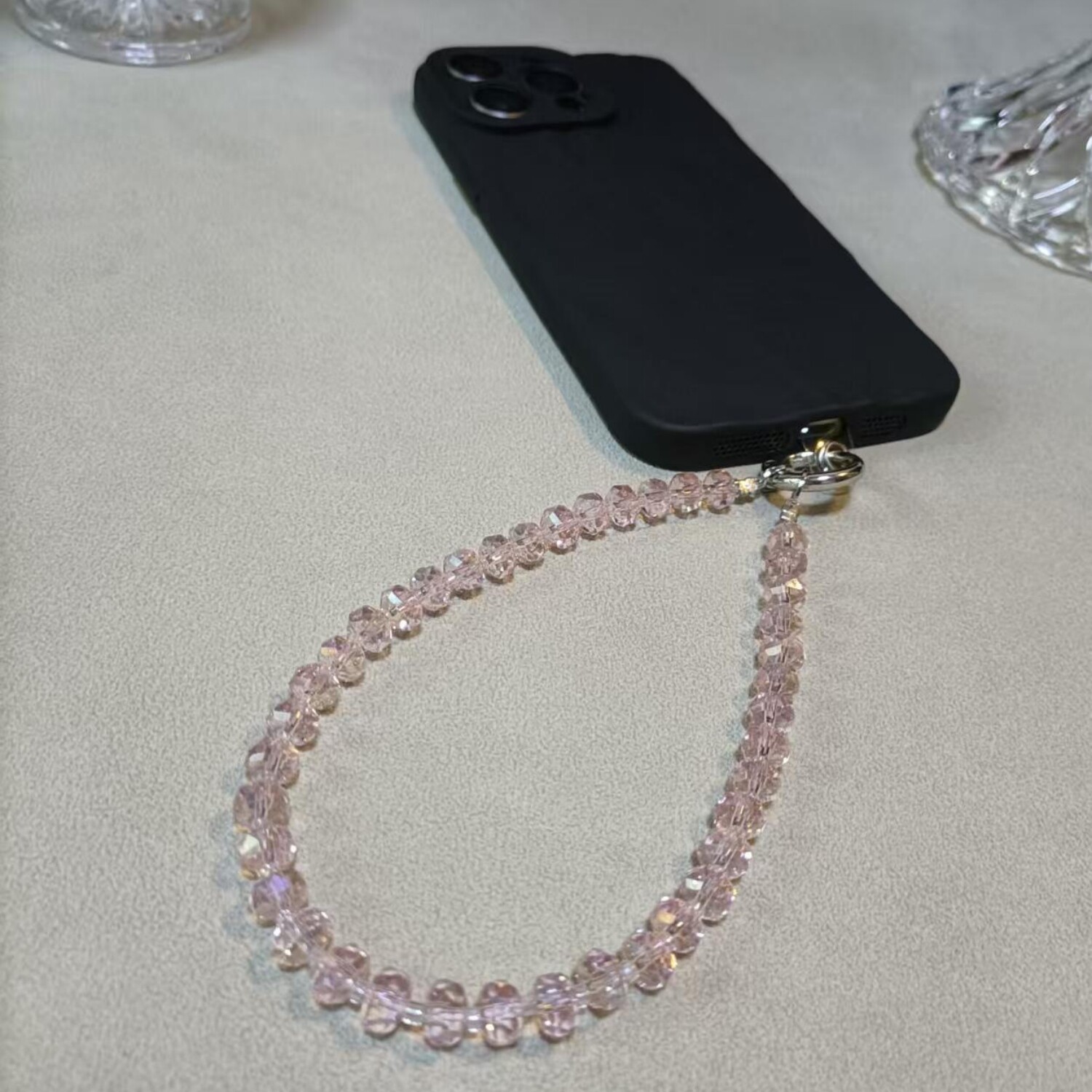 【浅樱粉】高级水晶串珠碎银短款手机挂链手腕手机挂爆闪串珠手提