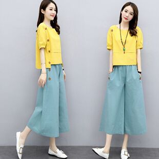 热卖夏天妈妈装棉麻套装女短袖阔腿裤套装气质显瘦宽松亚麻两件套