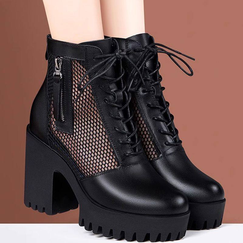 软皮网纱马丁靴女士春夏季薄款新款粗跟厚底镂空透气凉鞋高跟单靴,流行男鞋,其他凉鞋,淘宝优惠券,粉丝福利购,淘宝优惠卷