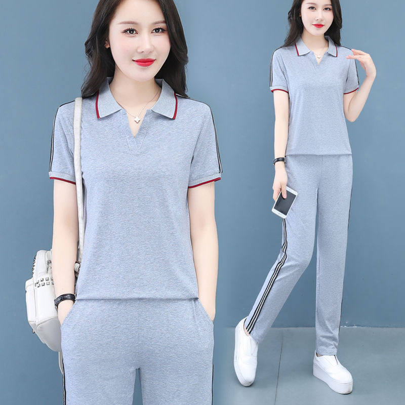 纯棉运动套装女夏季新款短袖长裤时尚洋气大码跑步妈妈休闲两件套