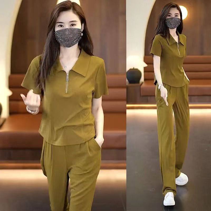 微胖时尚翻领短袖T恤女阔腿裤两件套2025年夏季新款休闲运动套装,女装/女士精品,时尚套装,淘宝优惠券,粉丝福利购,淘宝优惠卷