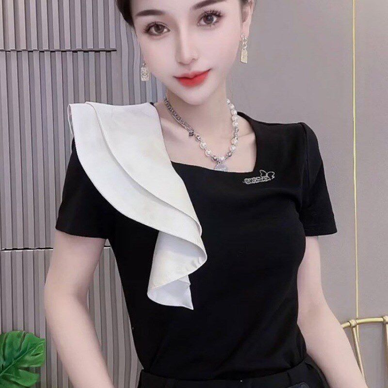 欧货拼接雪纺荷叶边T恤女装2025夏季时尚小众设T计感修身显瘦短袖