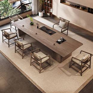 侘寂风实木茶桌椅组合嵌入式泡茶桌烧水壶一体民宿实木大板桌茶台