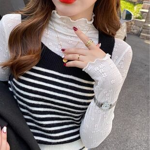 秋冬蕾丝打底衫女内搭高级感2024年新款半高领木耳边小衫薄款上衣