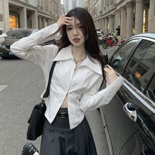 纯欲风双头拉链领长袖衬衫女装春秋季新款白色修身短款上衣潮