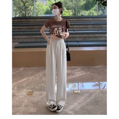2025夏薄款冰丝拖地阔腿裤女小个子高腰西装裤宽松休闲直筒女裤子