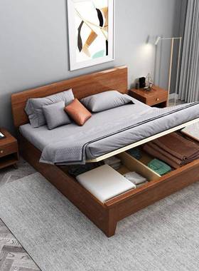简代约现实木床胡桃木床1.经8米双人床1.5济型高箱储BWQ物主卧婚