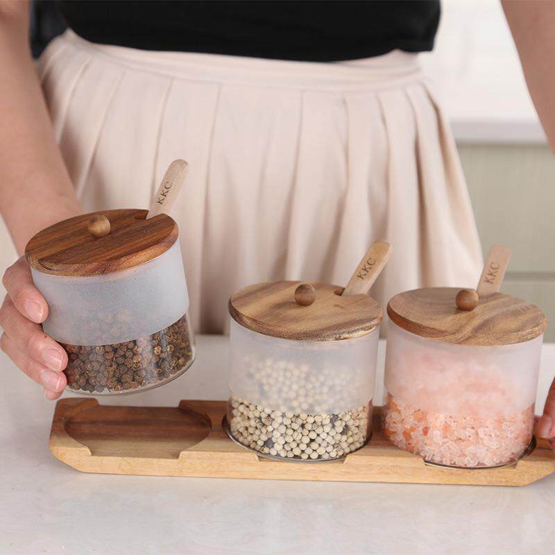 DS-BOLTW轻玻璃调味瓶三件套木制罐盐罐调味盒厨房用品糖奢罐调味