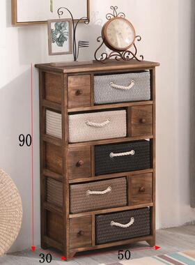 简易实木床头AMK柜简物卧室床边柜复古收纳储物藤柜斗柜田园编约